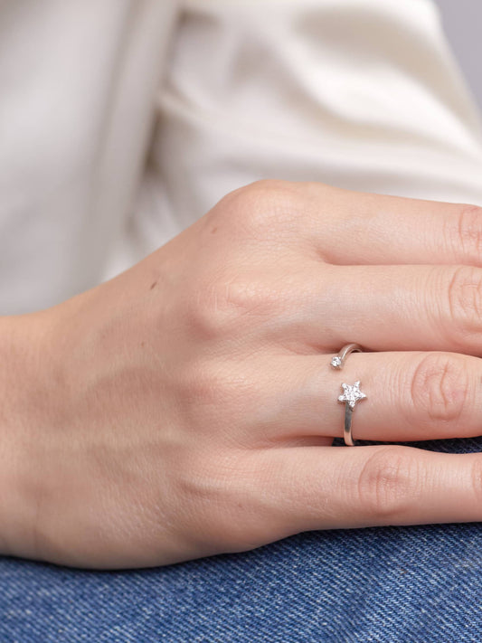 Star Shine, Sterling Silver, Rhodium Ring, Adjustable