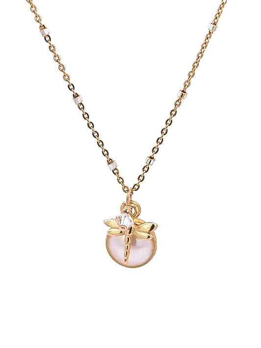 White Pearl Coin Dragonfly Necklace