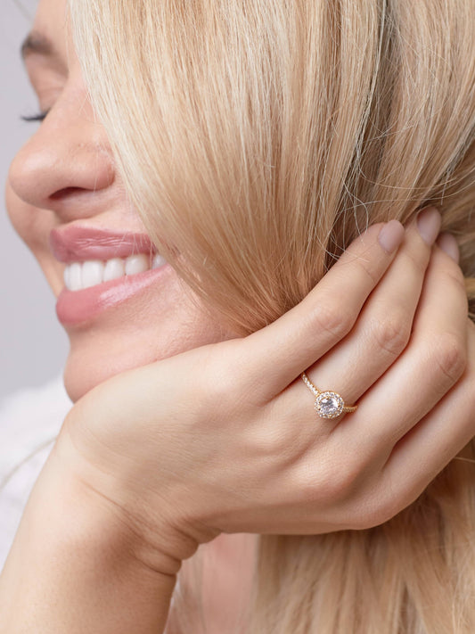 Glistening, Golden CZ Halo Ring