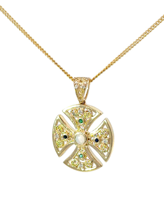 14K Maltese Cross; Opal Sapphire Emerald Diamond, Pendant Only
