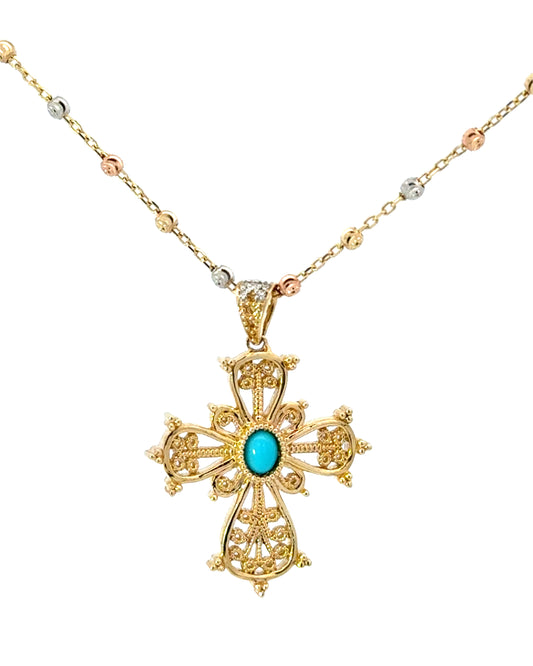14K Turquoise Filigree Cross, Pendant Only