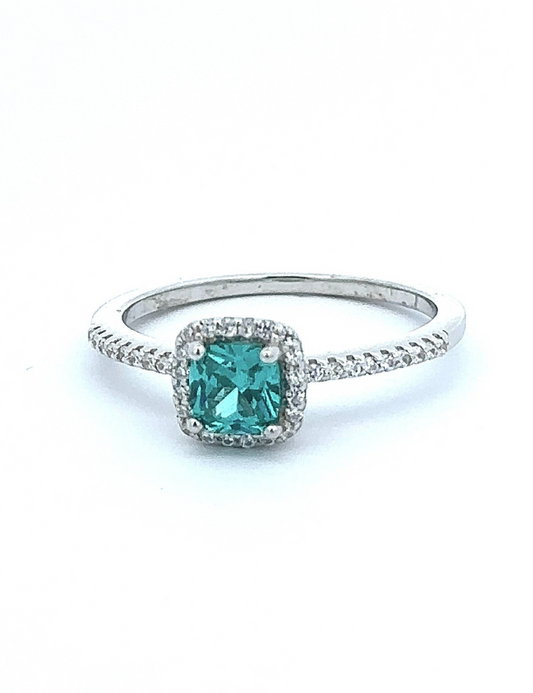 Green Halo Cz, Rhodium, Sterling Silver Ring
