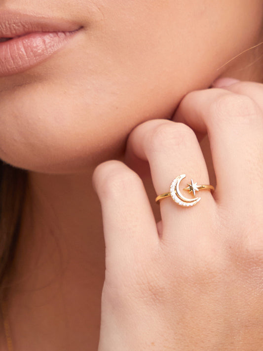 Moon and Star Gold CZ Ring - Adjustable