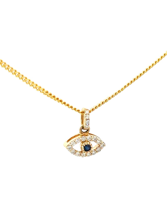 Tiny, 14K Natural Diamond & Blue Sapphire, Modern Evil Eye, Pendant Only