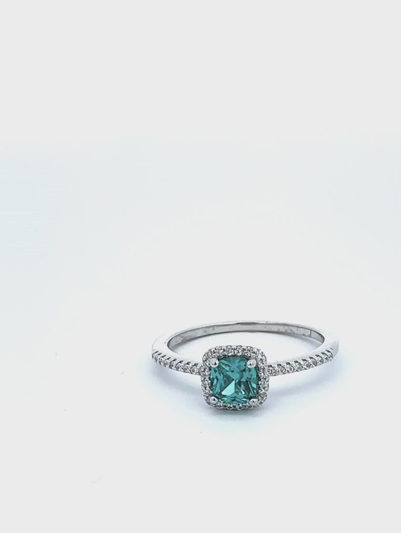 Green Halo Cz, Rhodium, Sterling Silver Ring