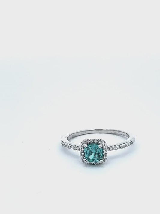 Green Halo Cz, Rhodium, Sterling Silver Ring