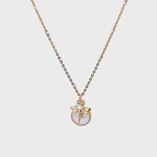 White Pearl Coin Dragonfly Necklace