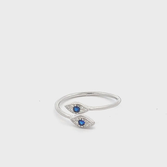 Double, Lucky Eye Sterling Silver, Rhodium Ring - Adjustable